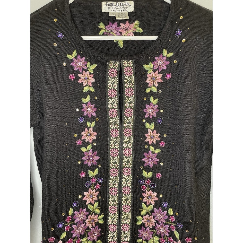 Vintage Jack‎ B. Quick Size PS Black Embroidered Flowers Sweater Sequin Beads - Picture 2 of 7